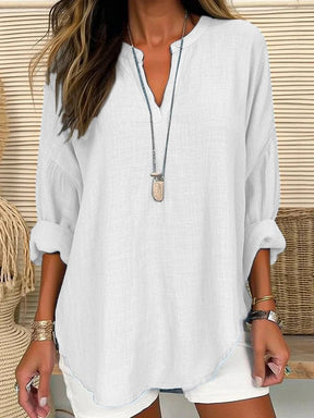 V Neck Long Sleeve Plain Regular Loose Shirt For Women