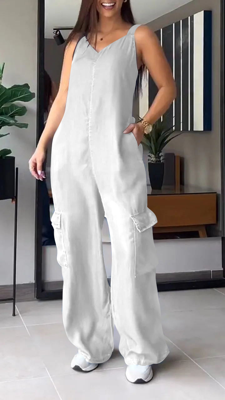 Thin Denim Cargo Pocket V-neck Jumpsuit