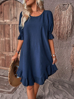 Solid Puff Sleeve Ruffle Hem Smock Dress