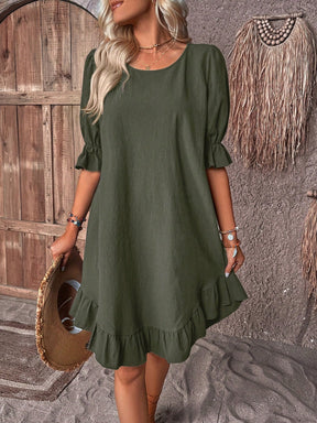 Solid Puff Sleeve Ruffle Hem Smock Dress