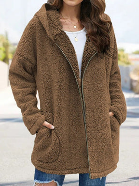 Women Autumn Winter Causal Daily Plush Fleece Zipper Long Sleeve Teddy Coat