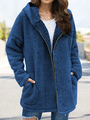 Women Autumn Winter Causal Daily Plush Fleece Zipper Long Sleeve Teddy Coat