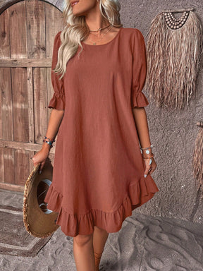 Solid Puff Sleeve Ruffle Hem Smock Dress