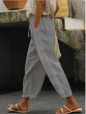 Elegant cotton and linen stitching cropped trousers straight-leg trousers