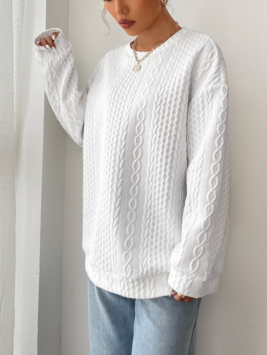 Drop Shoulder Cable Textured Pullover