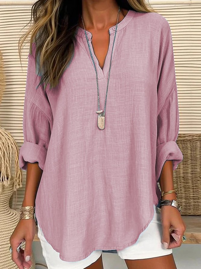 V Neck Long Sleeve Plain Regular Loose Shirt For Women