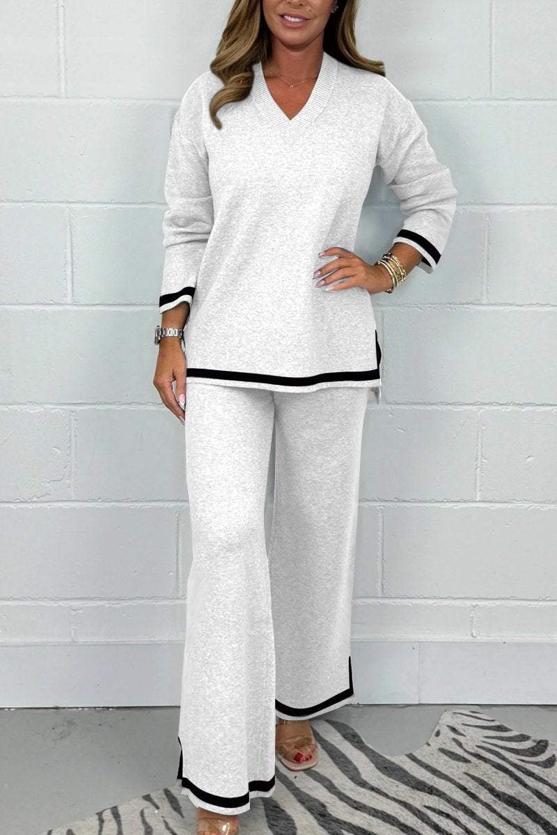 Women's V-Neck Soft Knit Border Edge Trouser Co-Ord