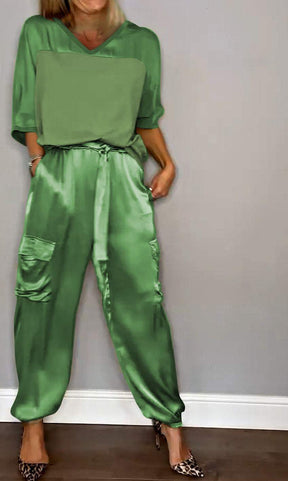 Women's Smooth Satin Half-sleeved Top and Pant Suit Two-piece