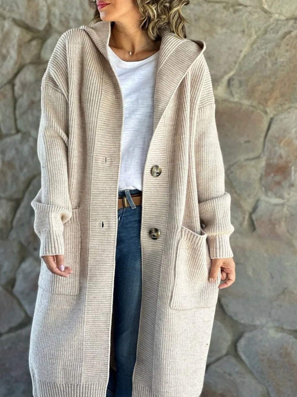 Women's Solid Color Knitted Sweater Hooded Long Coat