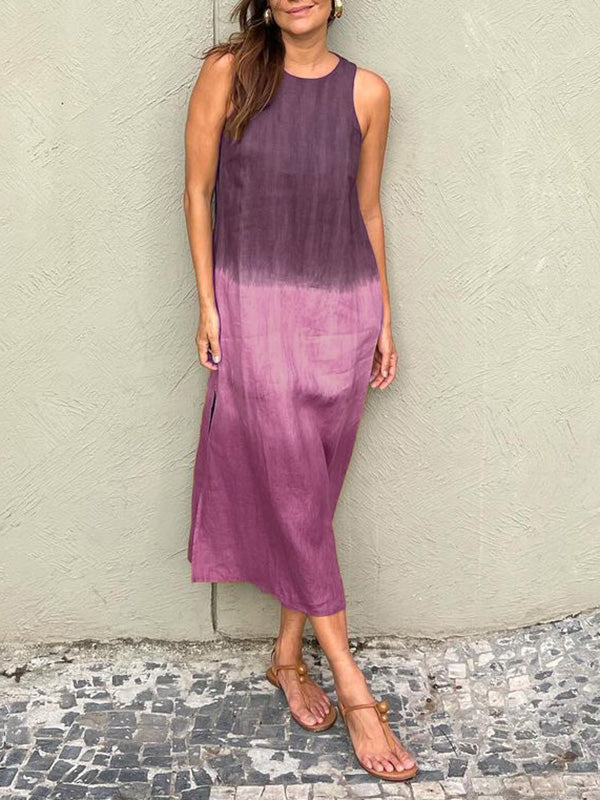 Casual cotton and linen slit gradient tie-dye long dress