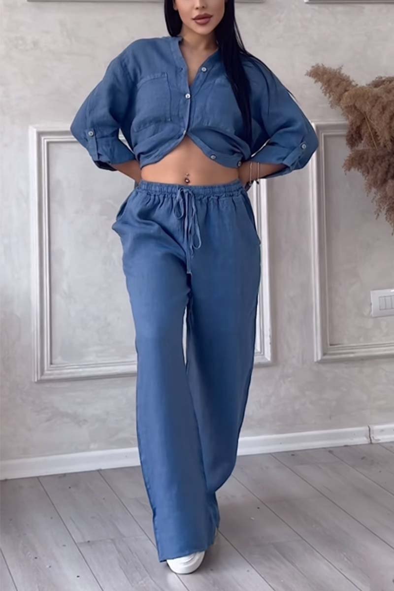 Casual solid color cotton and linen pants two-piece set