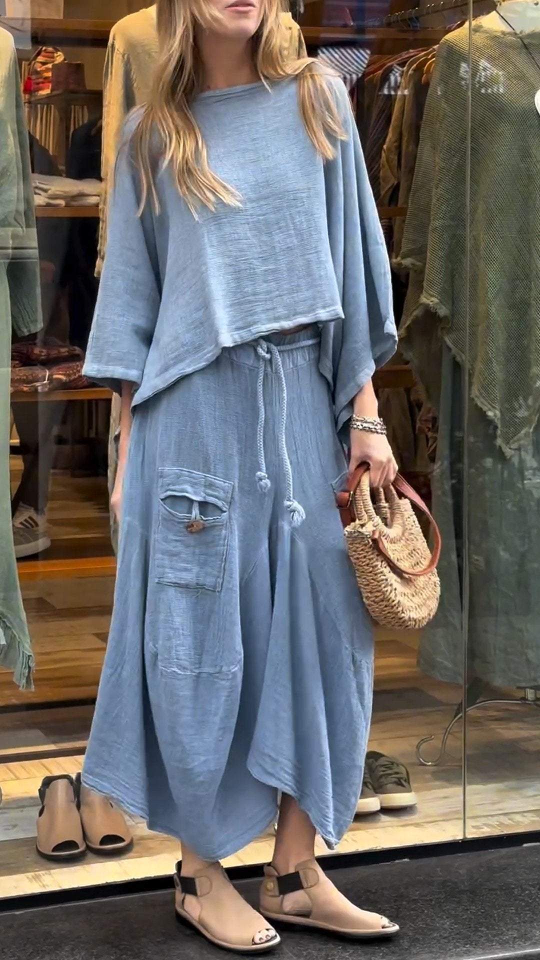 Women's Round Neck Mid-length Sleeve Casual Cotton and Linen Suit