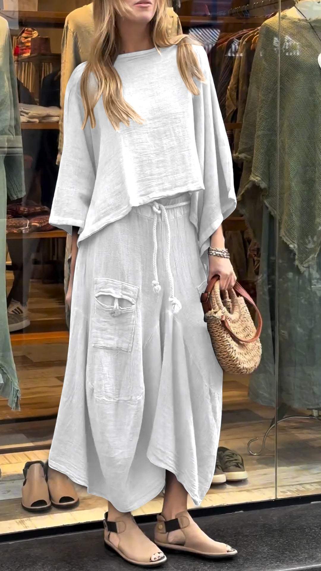 Women's Round Neck Mid-length Sleeve Casual Cotton and Linen Suit