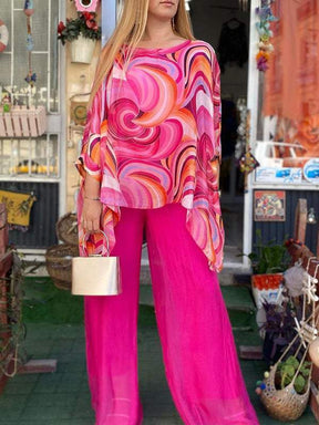 Women Colorful Chiffon Set Summer Casual Crew Neck Printed Two Piece Suit