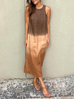 Casual cotton and linen slit gradient tie-dye long dress