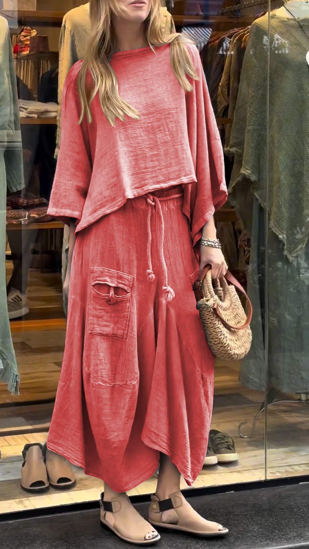 Women's Round Neck Mid-length Sleeve Casual Cotton and Linen Suit