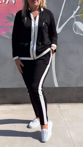 Women's Zipper Long Sleeve Striped Patchwork Casual Suit